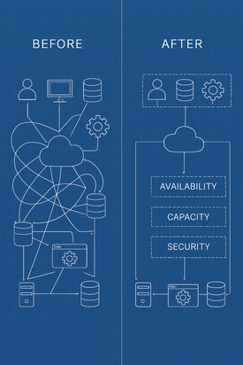 A beforeafter blueprint left is chaotic tech stack right is organized architecture with labeled improvements availability capacity security BDRmapping-1